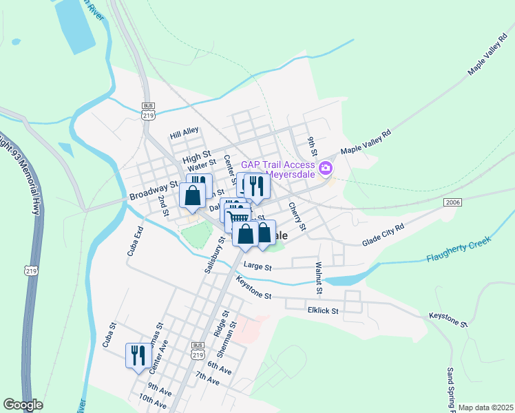 map of restaurants, bars, coffee shops, grocery stores, and more near 319 Main Street in Meyersdale