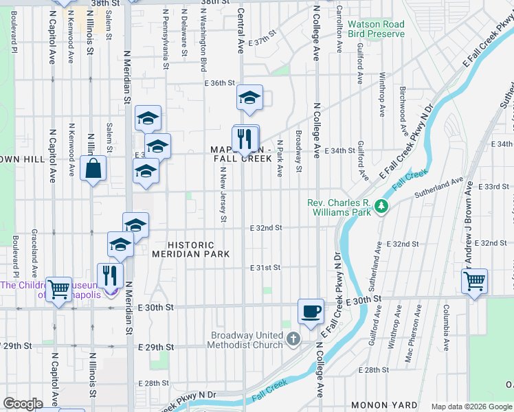 map of restaurants, bars, coffee shops, grocery stores, and more near 3223 Central Avenue in Indianapolis