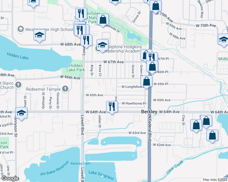 map of restaurants, bars, coffee shops, grocery stores, and more near 6495 Irving Street in Denver