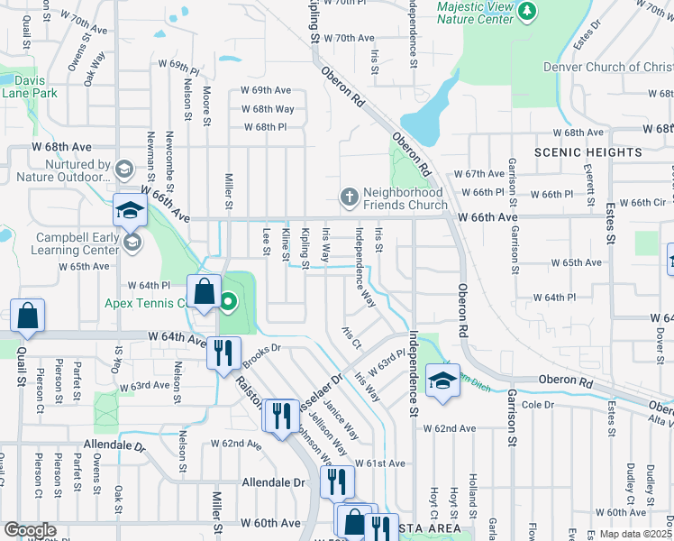 map of restaurants, bars, coffee shops, grocery stores, and more near 6454 Iris Court in Arvada