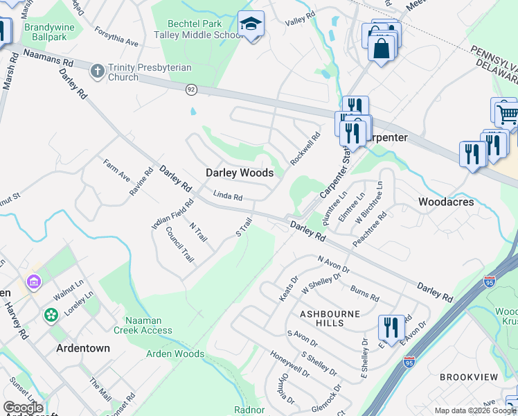map of restaurants, bars, coffee shops, grocery stores, and more near 2 S Trail in Wilmington