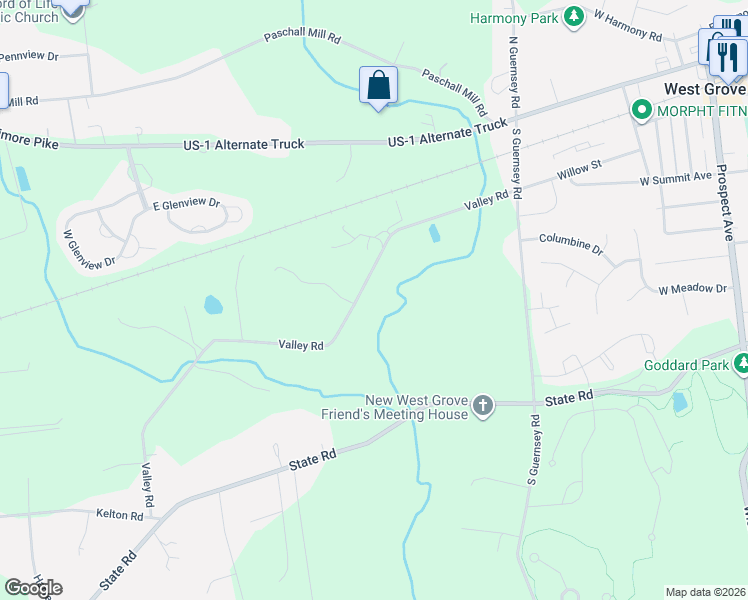map of restaurants, bars, coffee shops, grocery stores, and more near in West Grove