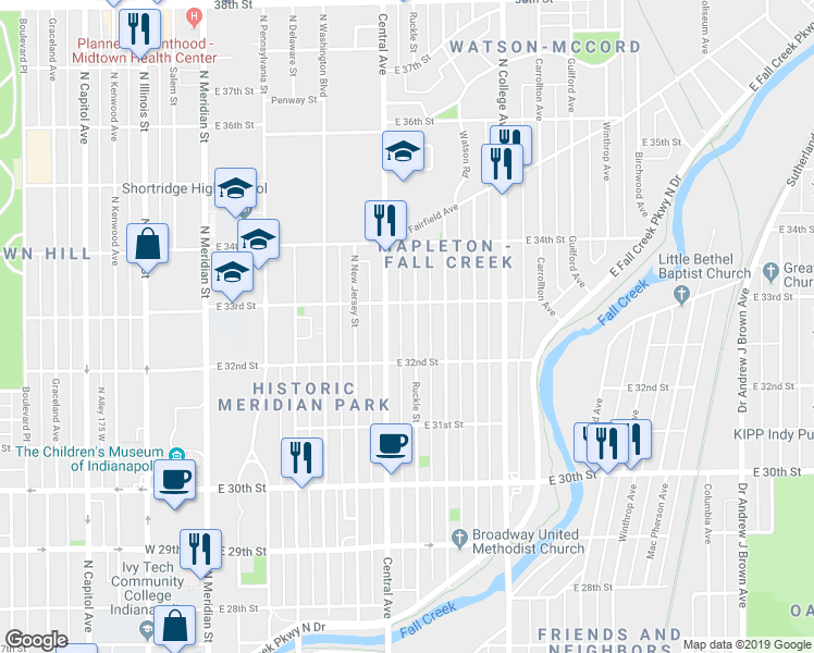 map of restaurants, bars, coffee shops, grocery stores, and more near 3223 Central Avenue in Indianapolis