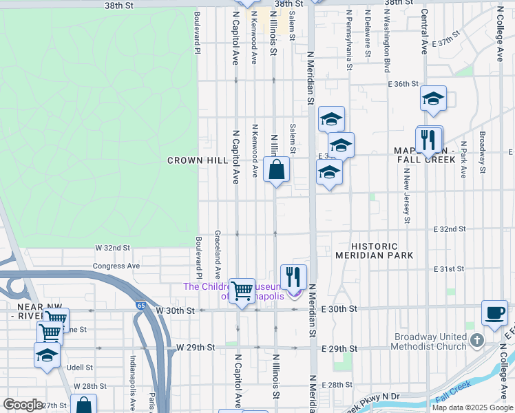 map of restaurants, bars, coffee shops, grocery stores, and more near 3227 North Kenwood Avenue in Indianapolis