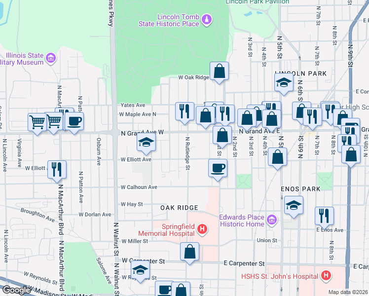 map of restaurants, bars, coffee shops, grocery stores, and more near 301-399 Elliott Ave in Springfield