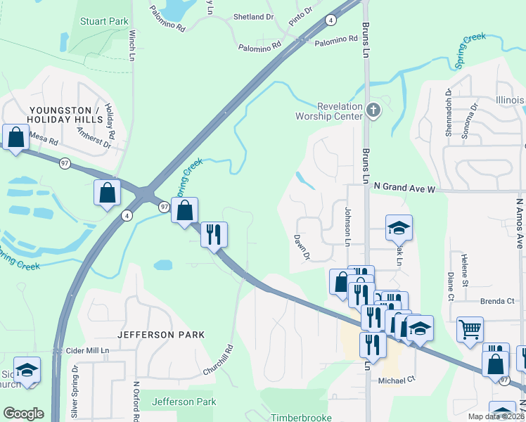 map of restaurants, bars, coffee shops, grocery stores, and more near 1210 Churchill Road in Springfield