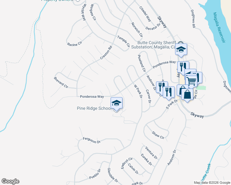 map of restaurants, bars, coffee shops, grocery stores, and more near 6323 Ponderosa Way in Magalia