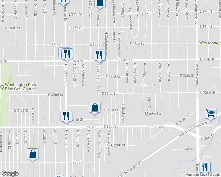 map of restaurants, bars, coffee shops, grocery stores, and more near 3223 North Gladstone Avenue in Indianapolis