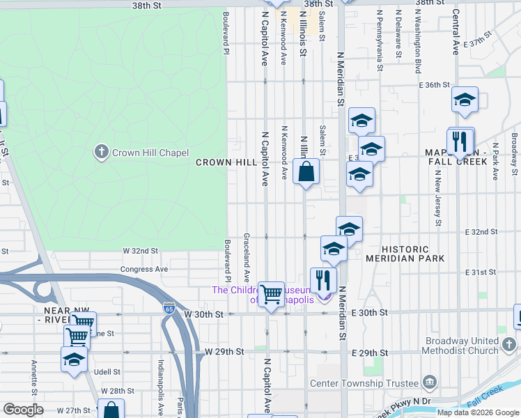 map of restaurants, bars, coffee shops, grocery stores, and more near 3224 North Capitol Avenue in Indianapolis