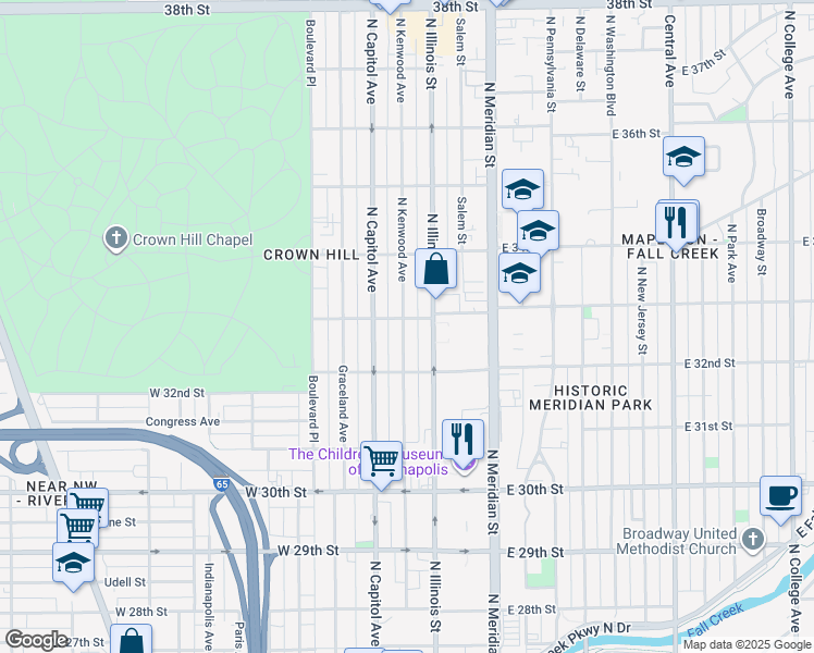 map of restaurants, bars, coffee shops, grocery stores, and more near 3227 North Kenwood Avenue in Indianapolis