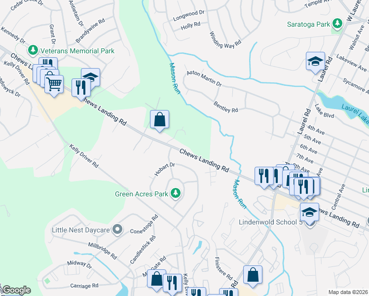 map of restaurants, bars, coffee shops, grocery stores, and more near 619 Hobart Drive in Laurel Springs