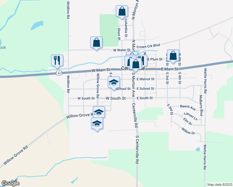 map of restaurants, bars, coffee shops, grocery stores, and more near 200 West South Street in Centerville