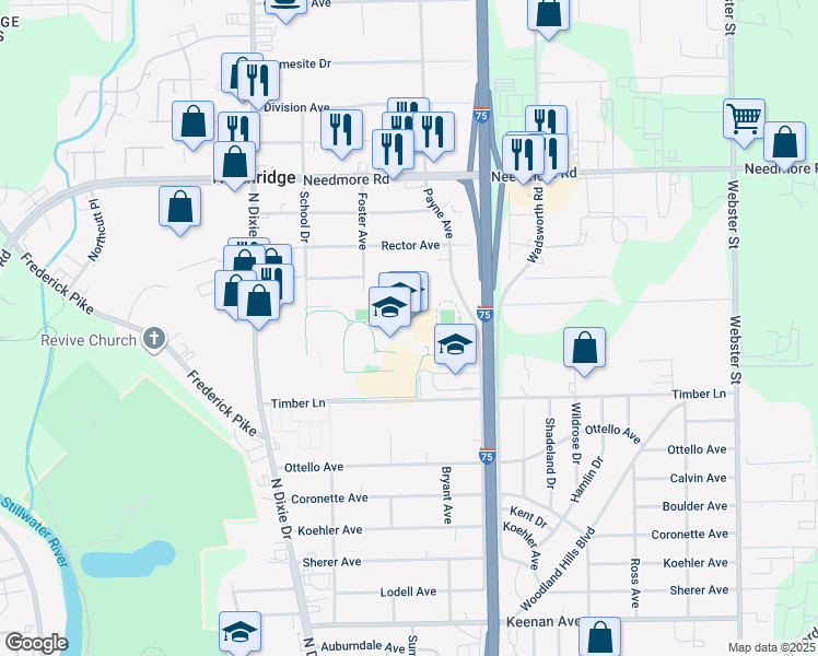 map of restaurants, bars, coffee shops, grocery stores, and more near 2251 Timber Lane in Dayton