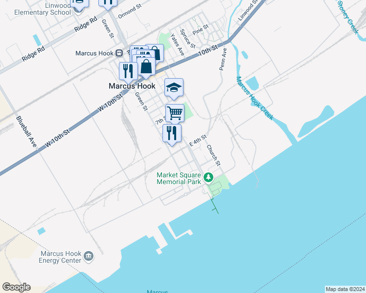 map of restaurants, bars, coffee shops, grocery stores, and more near 400 Market Street in Marcus Hook