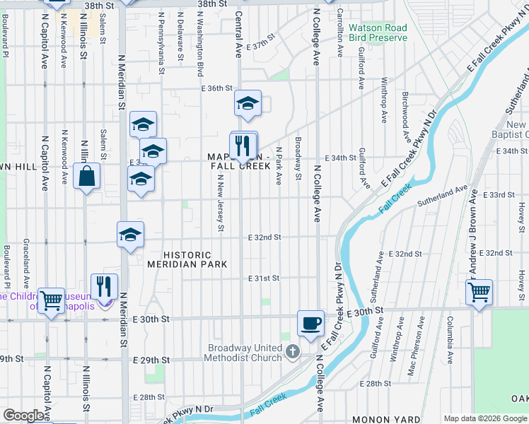 map of restaurants, bars, coffee shops, grocery stores, and more near 3215 Ruckle Street in Indianapolis