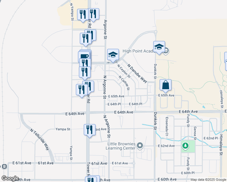 map of restaurants, bars, coffee shops, grocery stores, and more near 18798 East 65th Avenue in Denver