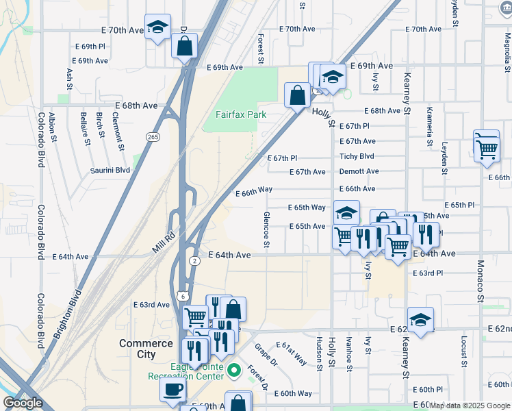 map of restaurants, bars, coffee shops, grocery stores, and more near 6495 Glencoe Street in Commerce City