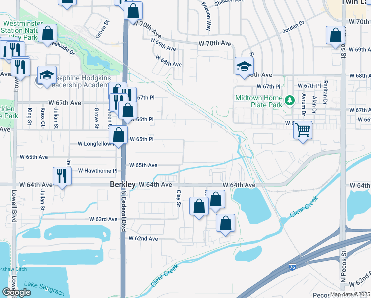map of restaurants, bars, coffee shops, grocery stores, and more near 2575 West 65th Avenue in Denver