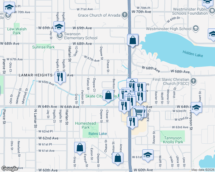 map of restaurants, bars, coffee shops, grocery stores, and more near 5547 West 65th Avenue in Arvada