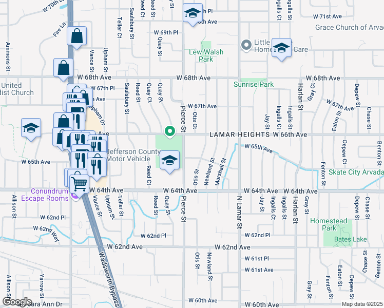 map of restaurants, bars, coffee shops, grocery stores, and more near 6470 Pierce Street in Arvada