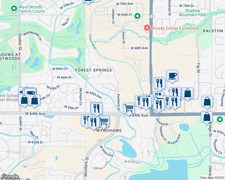map of restaurants, bars, coffee shops, grocery stores, and more near 15243 West 65th Avenue in Arvada
