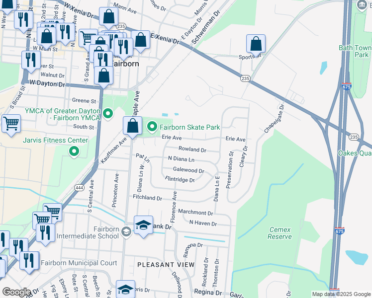 map of restaurants, bars, coffee shops, grocery stores, and more near 36 Rowland Drive in Fairborn
