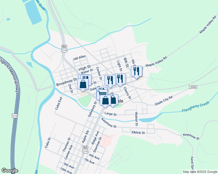 map of restaurants, bars, coffee shops, grocery stores, and more near 319 Main Street in Meyersdale