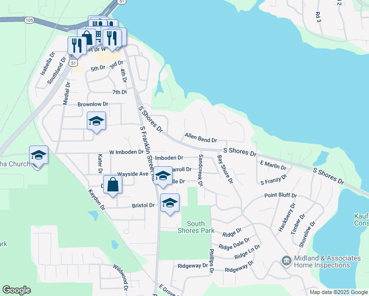 map of restaurants, bars, coffee shops, grocery stores, and more near 123 South Shores Drive in Decatur