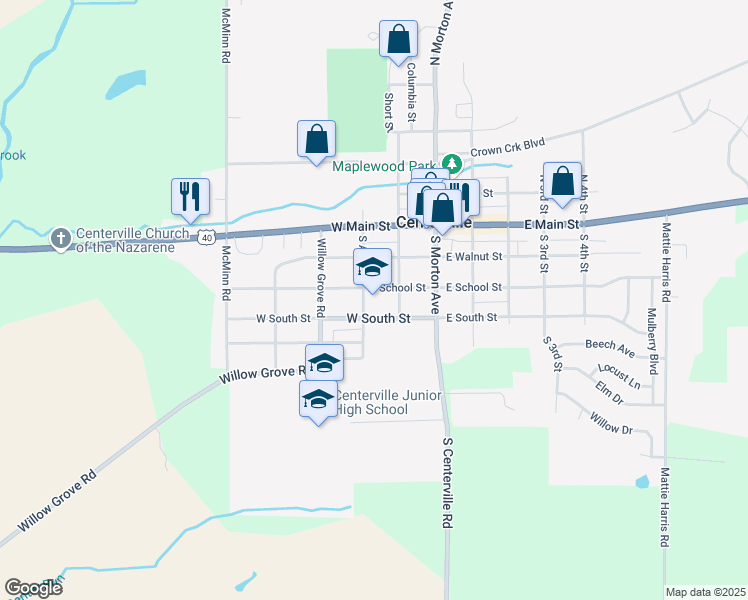 map of restaurants, bars, coffee shops, grocery stores, and more near 200 West South Street in Centerville
