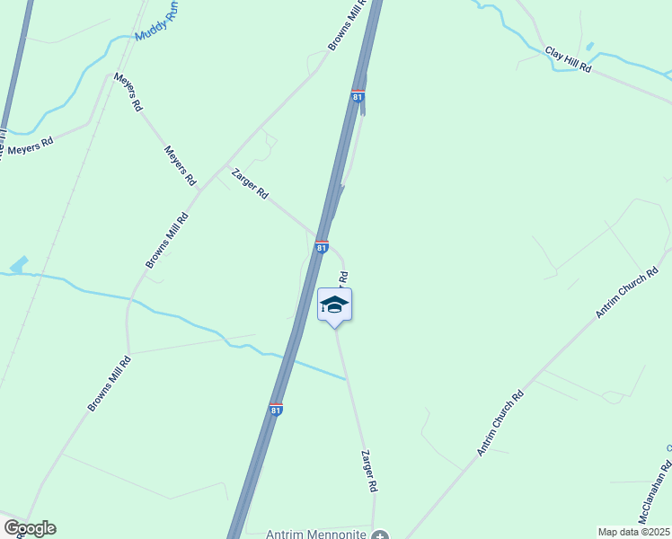 map of restaurants, bars, coffee shops, grocery stores, and more near 396 Zarger Road in Chambersburg