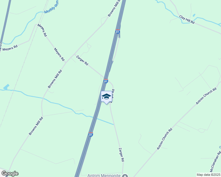 map of restaurants, bars, coffee shops, grocery stores, and more near 396 Zarger Road in Chambersburg