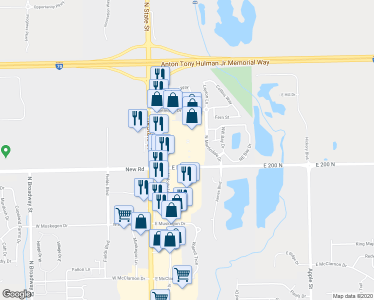 map of restaurants, bars, coffee shops, grocery stores, and more near 2055 Barrett Drive in Greenfield