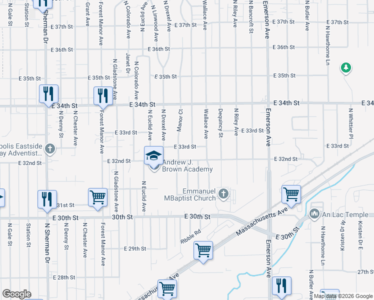 map of restaurants, bars, coffee shops, grocery stores, and more near 3315 Manor Court in Indianapolis