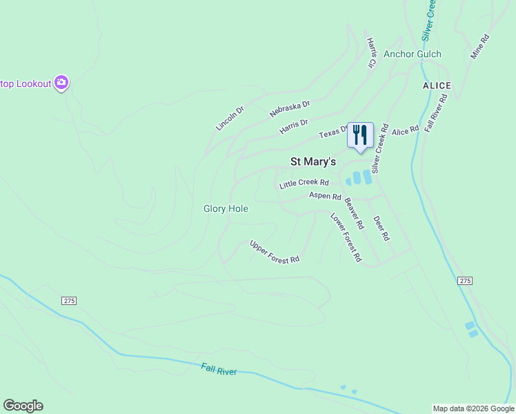 map of restaurants, bars, coffee shops, grocery stores, and more near 668 Alice Road in Idaho Springs