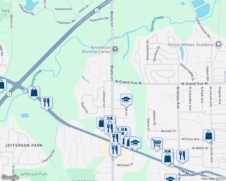 map of restaurants, bars, coffee shops, grocery stores, and more near 1856 North Grand Avenue West in Springfield