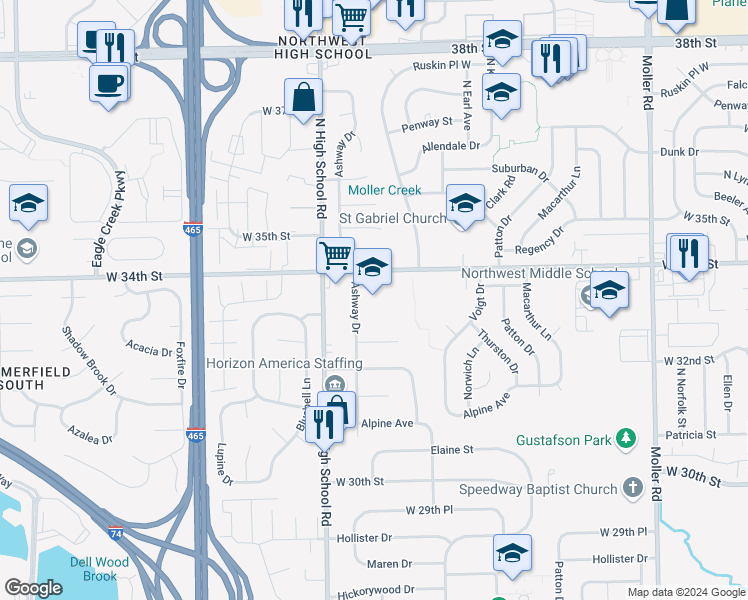 map of restaurants, bars, coffee shops, grocery stores, and more near 3307 Ashway Drive in Indianapolis
