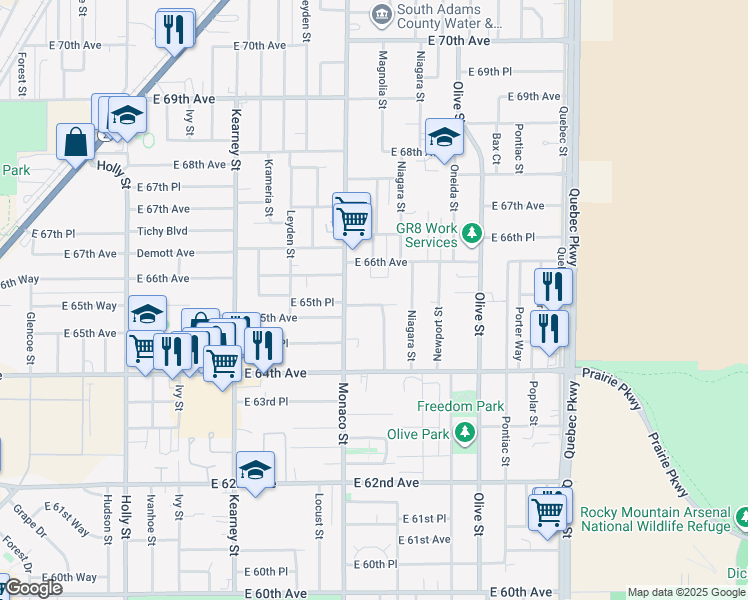 map of restaurants, bars, coffee shops, grocery stores, and more near 6620 Doris Court in Commerce City