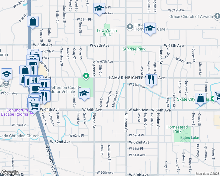 map of restaurants, bars, coffee shops, grocery stores, and more near 6574 Newland Street in Arvada