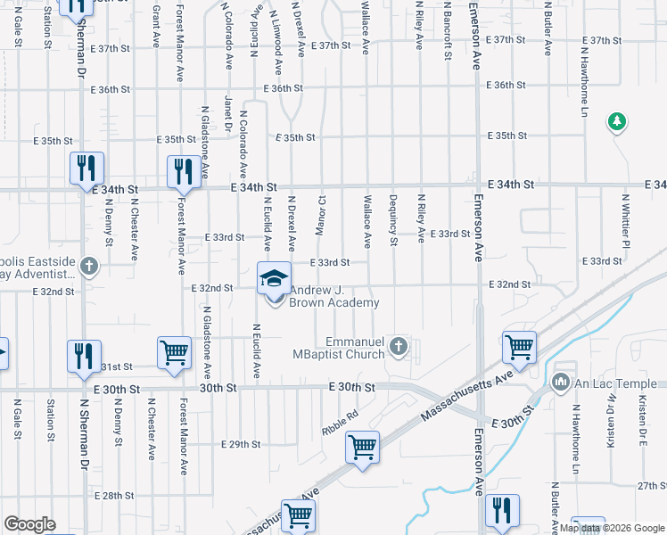 map of restaurants, bars, coffee shops, grocery stores, and more near 3315 Manor Court in Indianapolis