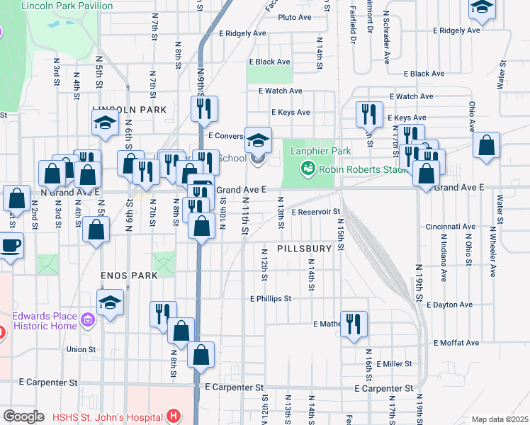 map of restaurants, bars, coffee shops, grocery stores, and more near 1108 North Grand Avenue East in Springfield