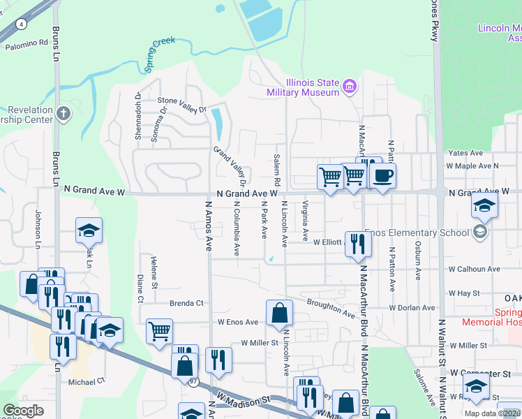 map of restaurants, bars, coffee shops, grocery stores, and more near 1300 North Grand Avenue West in Springfield