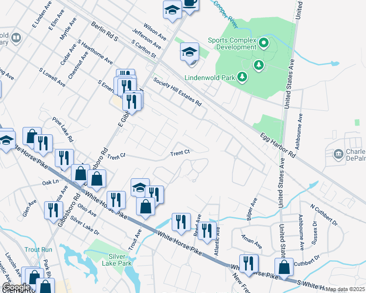 map of restaurants, bars, coffee shops, grocery stores, and more near 101 East Gibbsboro Road in Lindenwold