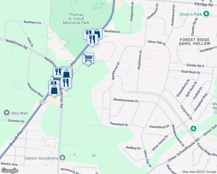 map of restaurants, bars, coffee shops, grocery stores, and more near 3621 Berrywood Drive in Dayton