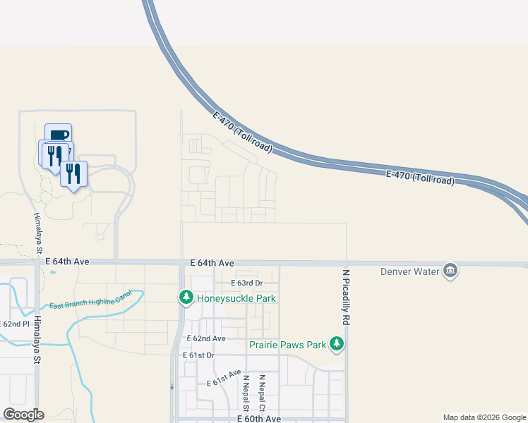 map of restaurants, bars, coffee shops, grocery stores, and more near 21266 East 65th Drive in Aurora