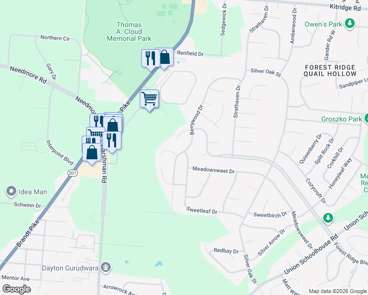 map of restaurants, bars, coffee shops, grocery stores, and more near 3621 Berrywood Drive in Dayton