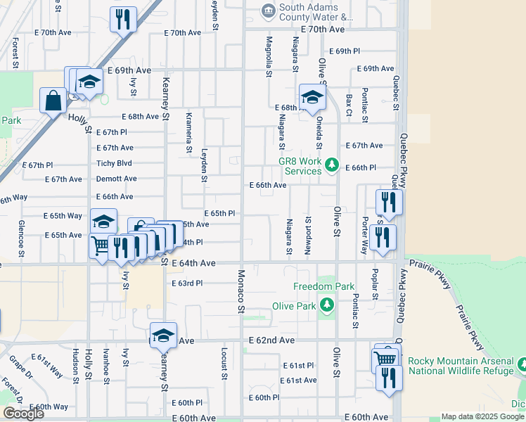 map of restaurants, bars, coffee shops, grocery stores, and more near 6620 Doris Court in Commerce City