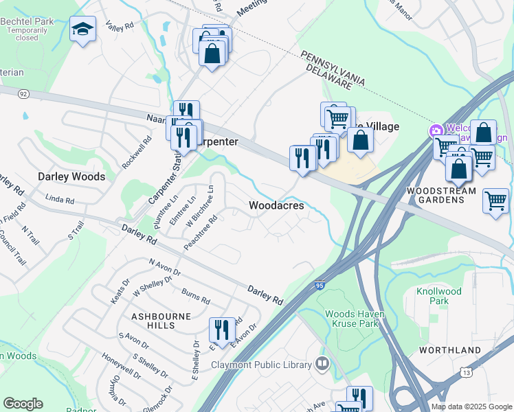 map of restaurants, bars, coffee shops, grocery stores, and more near 909 Cedartree Ln in Claymont