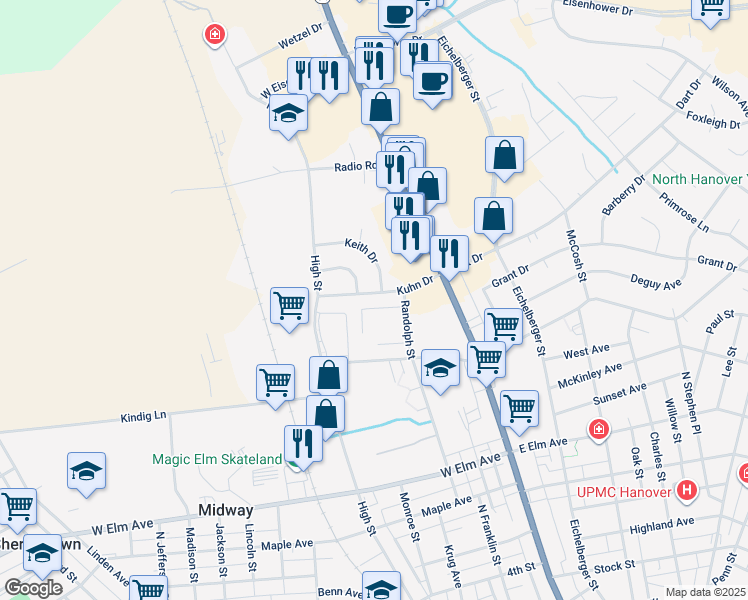 map of restaurants, bars, coffee shops, grocery stores, and more near 116 Kuhn Drive in Hanover