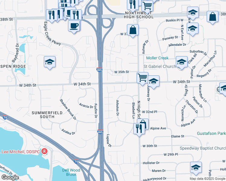 map of restaurants, bars, coffee shops, grocery stores, and more near 6476 Lupine Terrace in Indianapolis