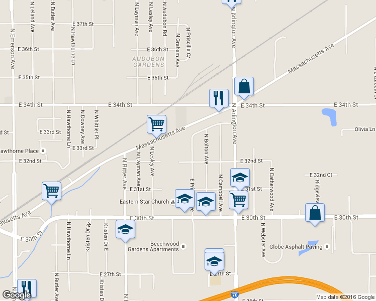 map of restaurants, bars, coffee shops, grocery stores, and more near 3214 East Priscilla Avenue in Indianapolis